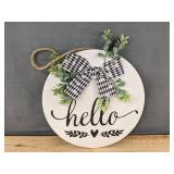 10.5 in Round Wood Hello Hanging Sign with Bow - Brand New 10.5 in Round Wood Hello Hanging Sign with Bow - Brand New