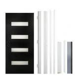WRIGHTMASTER 36 in. x 80 in. Flush Right-Hand 4-Lite Frosted Glass Black Fiberglass Front Door Slab with Frame, Threshold, Hinge     Customer Returns See Pictures