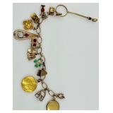 Gold Charm Bracelet with Assorted Vintage Charms and Enamel Accents including 14K and 10K