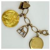 Gold Charm Bracelet with Assorted Vintage Charms and Enamel Accents including 14K and 10K