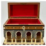 Ukrainian Moorish Style Inlaid Wooden Jewelry Box with Red Velvet Lining