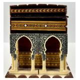 Ukrainian Moorish Style Inlaid Wooden Jewelry Box with Red Velvet Lining