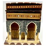 Ukrainian Moorish Style Inlaid Wooden Jewelry Box with Red Velvet Lining