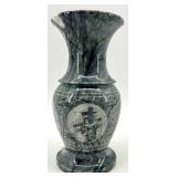Carved Gray Marble Vase with Asian Motifs