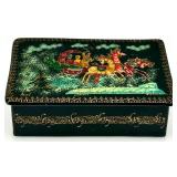 Hand-Painted Russian Lacquer Box with Red Lined Interior