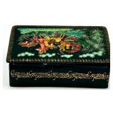 Hand-Painted Russian Lacquer Box with Red Lined Interior