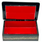 Hand-Painted Russian Lacquer Box with Red Lined Interior