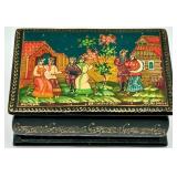 Russian Hand-Painted Lacquer Trinket Box with Folk Scene