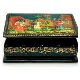 Russian Hand-Painted Lacquer Trinket Box with Folk Scene