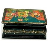 Russian Hand-Painted Lacquer Trinket Box with Folk Scene