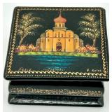 Hand-Painted Russian Lacquer Box with Church Scene