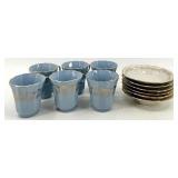 Vintage Korosten China Set of 6 Blue Teacups with Saucers, Gold Trim