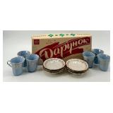 Vintage Korosten China Set of 6 Blue Teacups with Saucers, Gold Trim