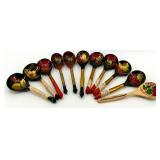 Collection of 11 Russian Hand-Painted Wooden Spoons Khokhloma Style