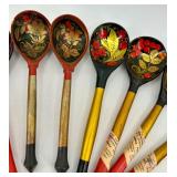 Collection of 11 Russian Hand-Painted Wooden Spoons Khokhloma Style