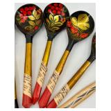 Collection of 11 Russian Hand-Painted Wooden Spoons Khokhloma Style
