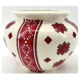 Decorative Ukrainian Ceramic Vase with Red Geometric Folk Art Pattern