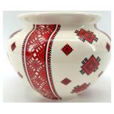 Decorative Ukrainian Ceramic Vase with Red Geometric Folk Art Pattern
