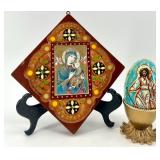 Hand-Painted Religious Icon Plaque and Decorative Egg with Stand