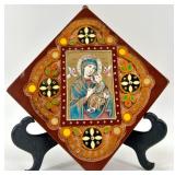 Hand-Painted Religious Icon Plaque and Decorative Egg with Stand