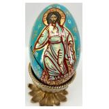 Hand-Painted Religious Icon Plaque and Decorative Egg with Stand