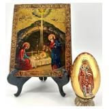 Vintage Russian Religious Icon and Painted Saint Nicholas Egg Set