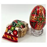 Set of 2 Hand-Painted Ukrainian Pysanky Eggs with Basket and Stand