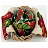 Set of 2 Hand-Painted Ukrainian Pysanky Eggs with Basket and Stand