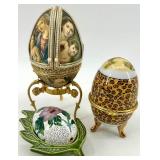 Set of 3 Decorative Porcelain Egg Trinket Boxes with Stands and Painted Designs