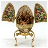 Set of 3 Decorative Porcelain Egg Trinket Boxes with Stands and Painted Designs