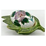 Set of 3 Decorative Porcelain Egg Trinket Boxes with Stands and Painted Designs