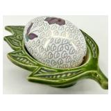 Set of 3 Decorative Porcelain Egg Trinket Boxes with Stands and Painted Designs