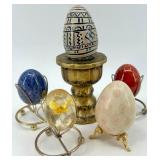 Set of 5 Decorative Eggs with Brass Stands and Pedestal including Stone Eggs