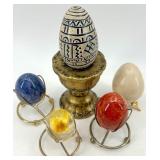 Set of 5 Decorative Eggs with Brass Stands and Pedestal including Stone Eggs