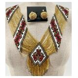 Ukrainian Beaded Necklace with Red, Black, Green and Gold Pattern and Gold Sequin Clip-On Earrings