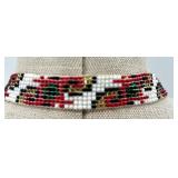 Ukrainian Beaded Necklace with Red, Black, Green and Gold Pattern and Gold Sequin Clip-On Earrings