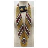 Ukrainian Beaded Necklace with Red, Black, Green and Gold Pattern and Gold Sequin Clip-On Earrings