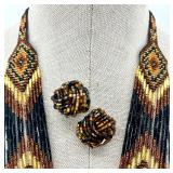 Beaded Ukrainian Necklace and Clip-On Earrings Set with Geometric Pattern