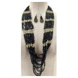 Ukrainian Multi-Strand Black and Gold Beaded Necklace and Earring Set