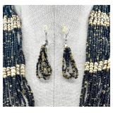 Ukrainian Multi-Strand Black and Gold Beaded Necklace and Earring Set