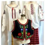 Ukrainian Folk Clothing Set with Embroidered Blouses, Vest, and Plaid Skirt