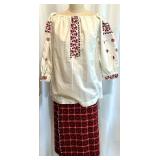Ukrainian Folk Clothing Set with Embroidered Blouses, Vest, and Plaid Skirt