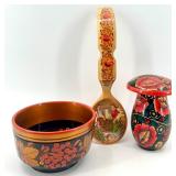 Set of 3 Russian Hand-Painted Wooden Folk Art Decor Pieces
