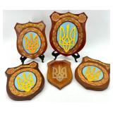 Set of 5 Carved Ukrainian Trident Wall Plaques