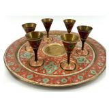 Vintage Brass Middle Eastern Style Ewer Set with Tray and Goblets