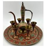 Vintage Brass Middle Eastern Style Ewer Set with Tray and Goblets