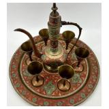 Vintage Brass Middle Eastern Style Ewer Set with Tray and Goblets