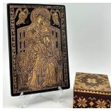 Vintage Carved Wooden Icon Plaque and USSR Marquetry Box Set