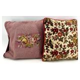 Pair of Vintage Floral Needlepoint and Velvet Throw Pillows