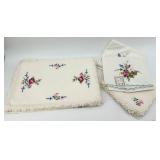 Set of Hand-Made Embroidered Linen Table Runner, place mats and napkins with Floral Design